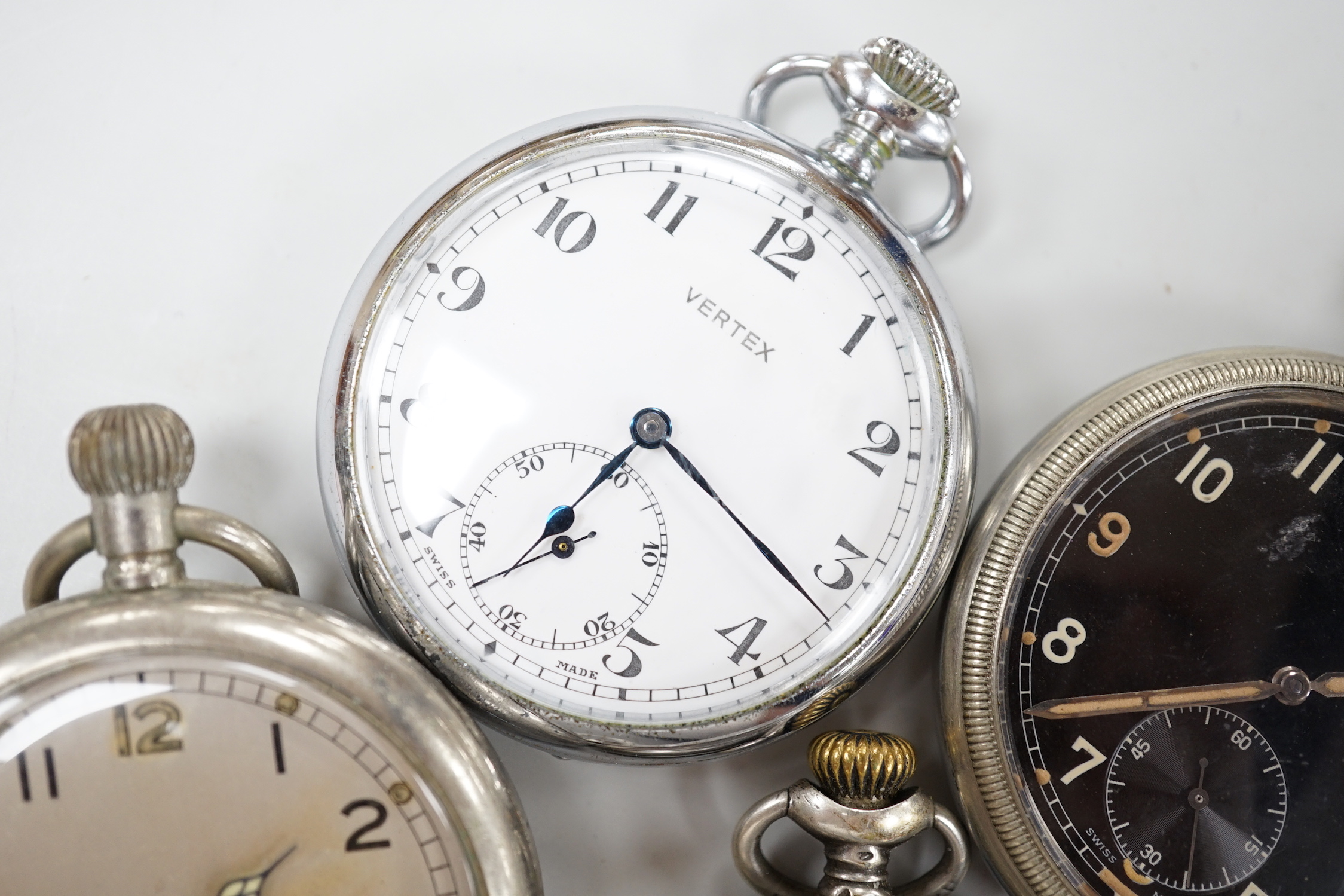 Eight assorted silver or base metal pocket watches including Goliath, Doxa and military black dial.